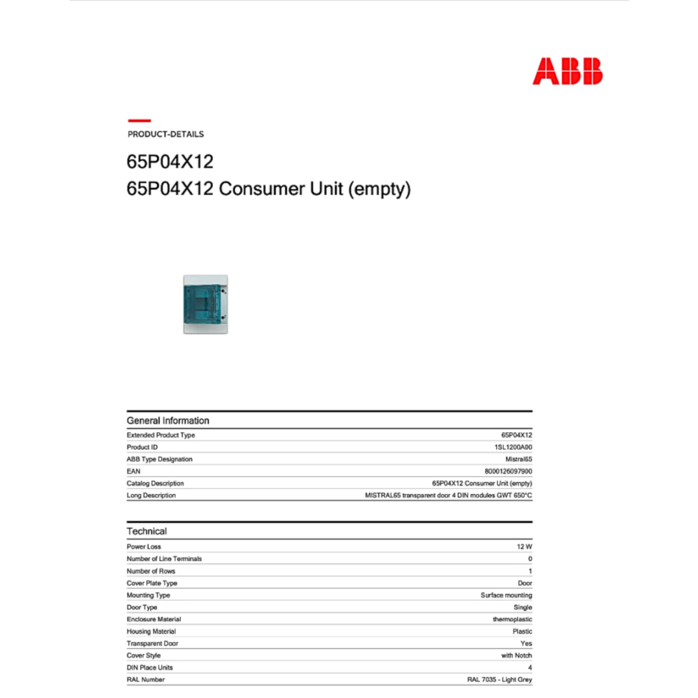 ตู้คอนซูเมอร์ยูนิตกันน้ำ 4 ช่อง ABB MISTRAL 4 MODULES (IP65 ฝาใส)